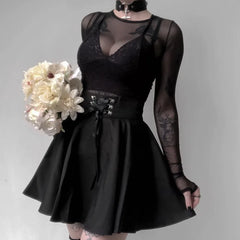 Bxoxo Gothic Black Skirt Japanese-Style Hipster Black JK Bubble Women's Lace-up Back Zip Ins Girl's Pleated Mini Skirt