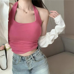 BXOXO Women Cross Halter Tank Tops With Bra Pad Y2K Crop Tops Knitted Solid Backless Camis For Women Sexy Tops Summer