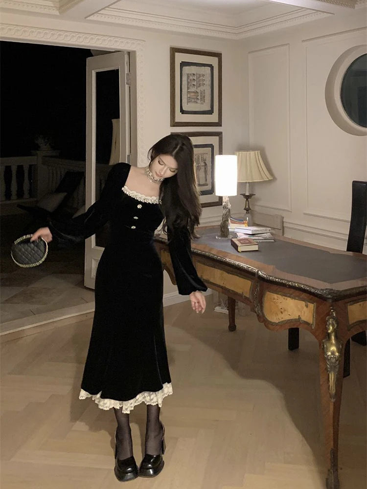 Bxoxo Lace Patchwork Black Dress Women Fall Winter French Elegant Square Collar Midi Dress Ladies Gold Velvet Party Fishtail Vestidos