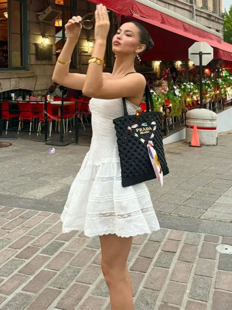 BXOXO  Off-shoulder Strapless A-line Sexy Mini Dress For Women Fashion Lace Sleeveless Backless High Waist Club Party Dress