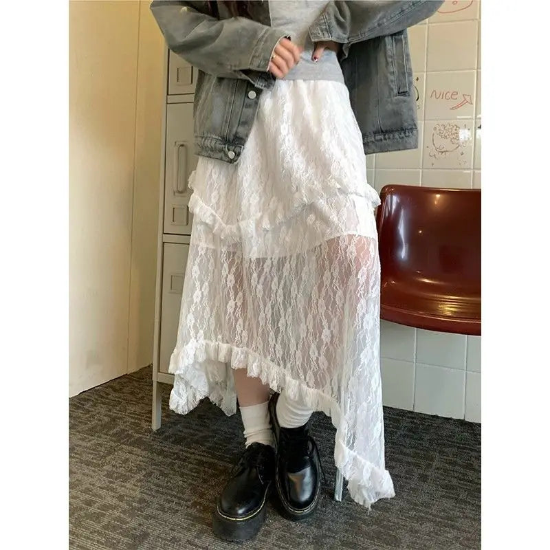 BXOXO Lace Fairycore Tulle Women Skirt Sweet Ruffle White Skirts Vintage Korean Style Streetwear Patchwork Irregular Skirt
