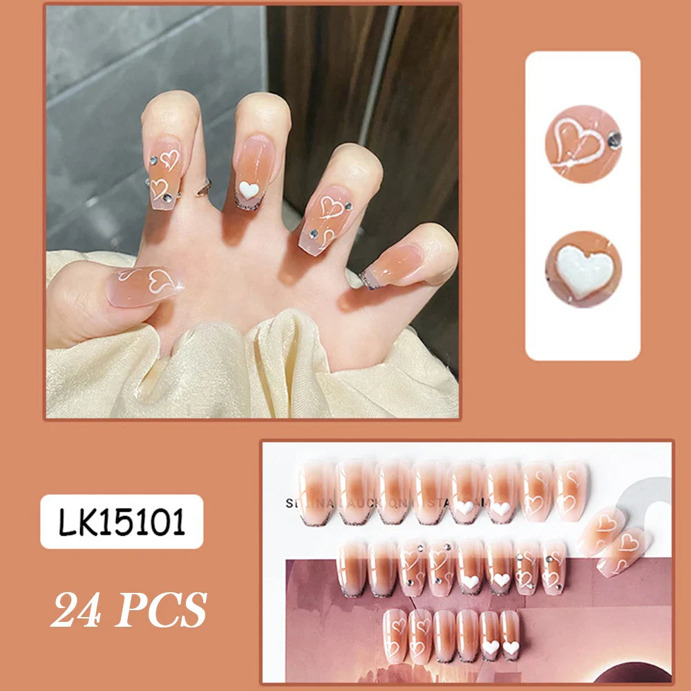 BXOXO Press On Nails Heart 24PCS Pink Bow False Nail Girls Sweet Style Save Time Medium Coffin Nail Free Shipping Full Cover Nail Tips