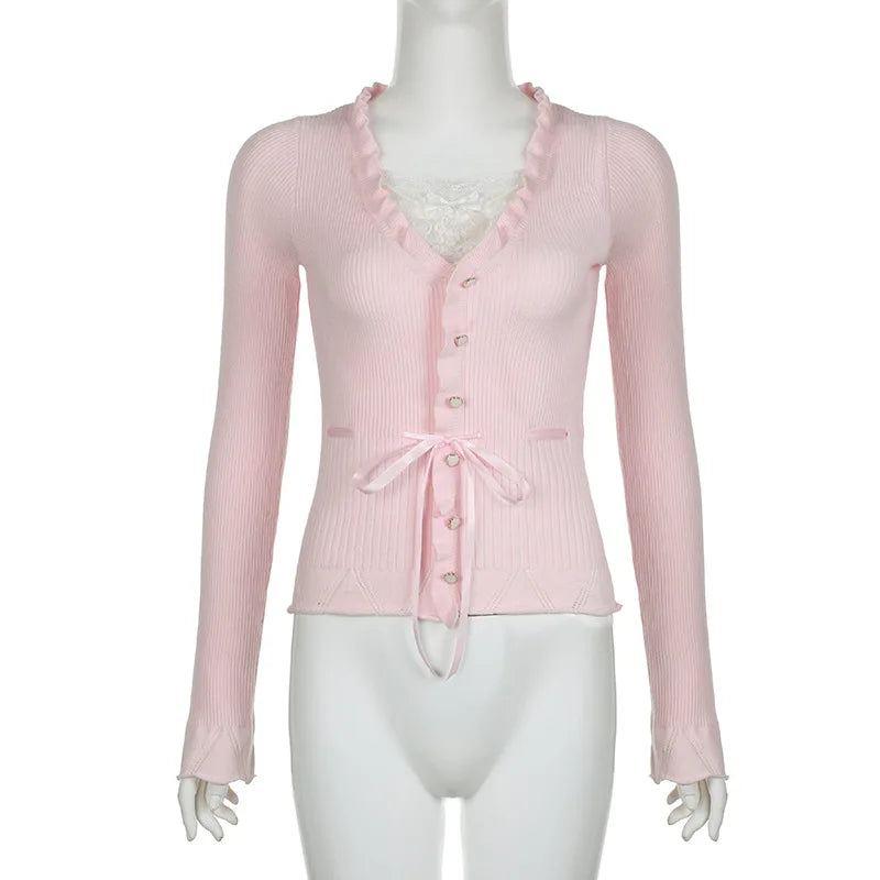 Bxoxo Fairycore Clothing Top y2k Women Ruffle Lace Patchwork Long Sleeve Knitted T Shirt 2000s Coquette Clothes Streetwear