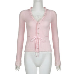 Bxoxo Fairycore Clothing Top y2k Women Ruffle Lace Patchwork Long Sleeve Knitted T Shirt 2000s Coquette Clothes Streetwear