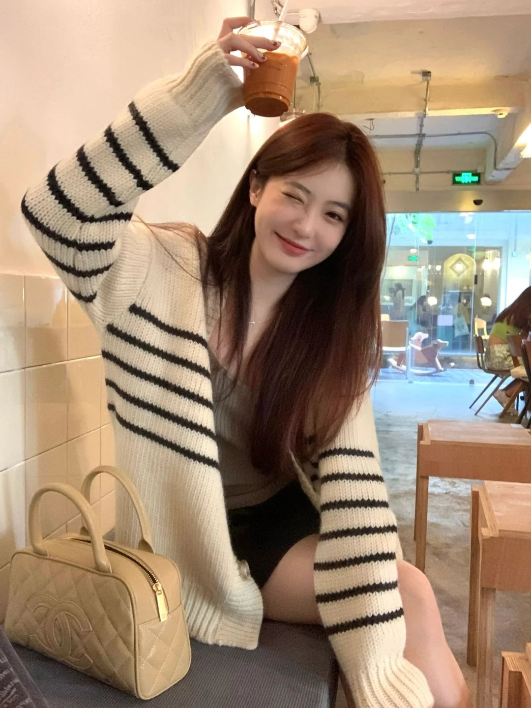 Bxoxo Women Cardigan Sweater Striped V-neck Button-up Sweater Jacket Comfy Cozy Slouchy Cardi Autumn Winter Casual Outfit