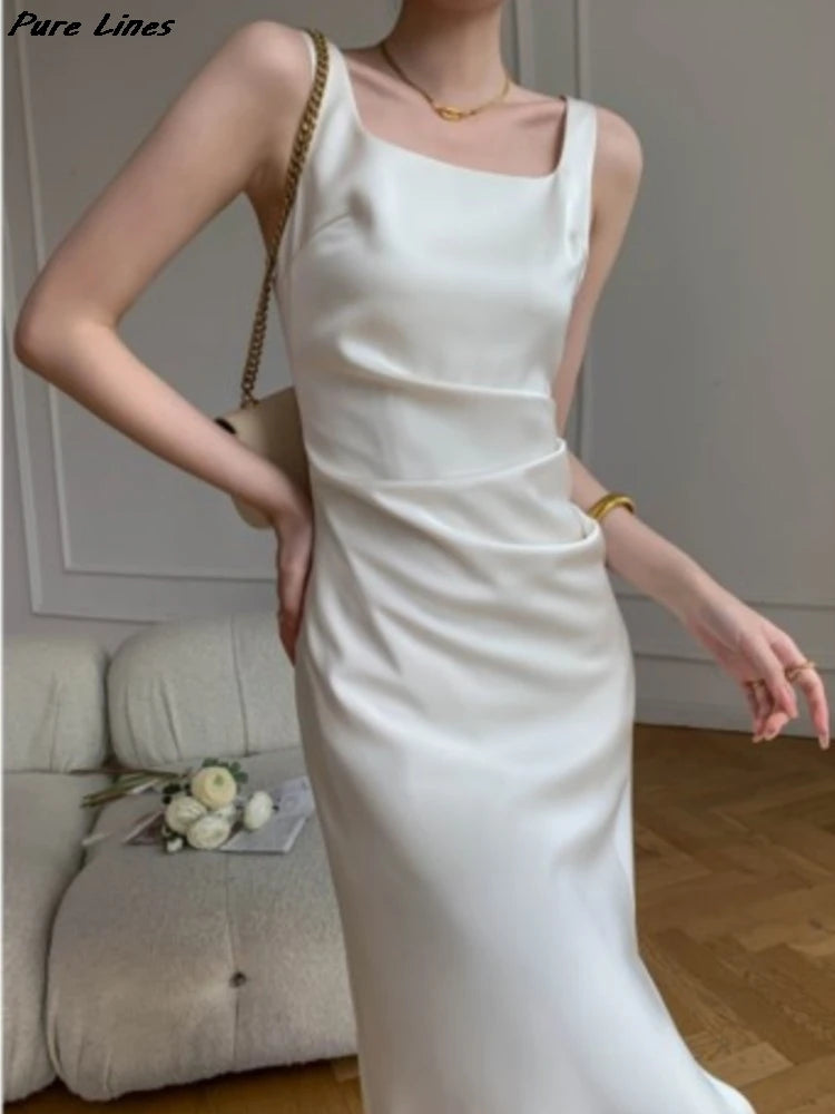 Bxoxo Women's White Elegant Sleeveless Slim Split Slip Dresses Summer Fashion New Female Clothing Evening Party Wedding Guest Dress