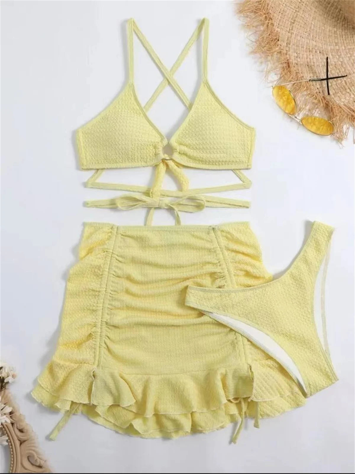Bxoxo Sexy Yellow Bikini Women Solid Halter Ring Linked Criss Cross Cover Up 3 Piece Swimsuit 2024 Bathing Suit Ruffles Skirt Swimwear