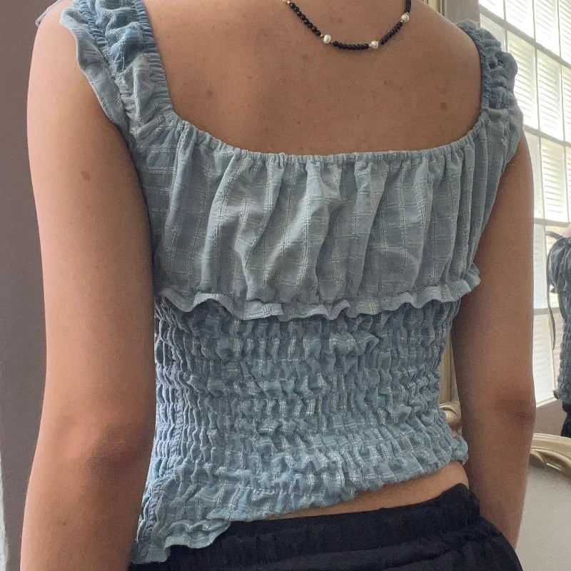 Bxoxo French Pleated Square Neck Bows Bandage Sexy Tank Top Y2K Summer Sweet Cute Daily Fashion Streetwear All-Match Camis