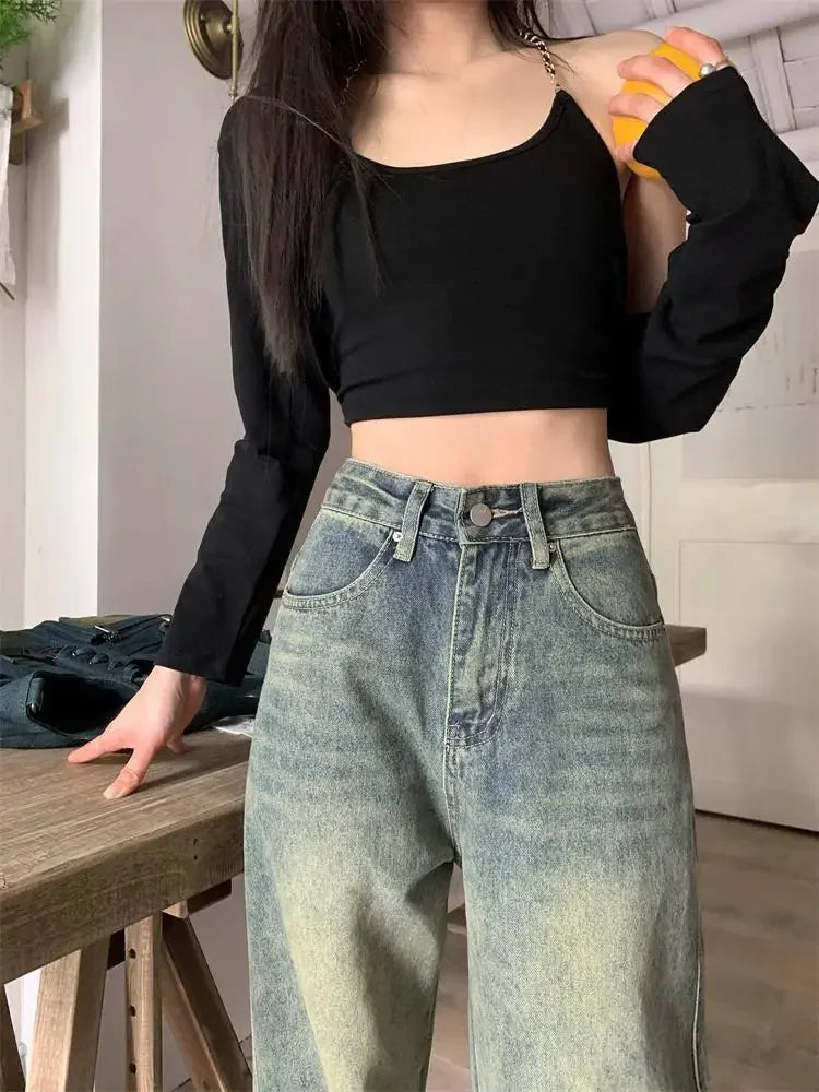 Bxoxo Vintage High-waisted Slimming Jeans American Style Casual Bell Bottoms Versatile Straight-leg Long Pants For Women