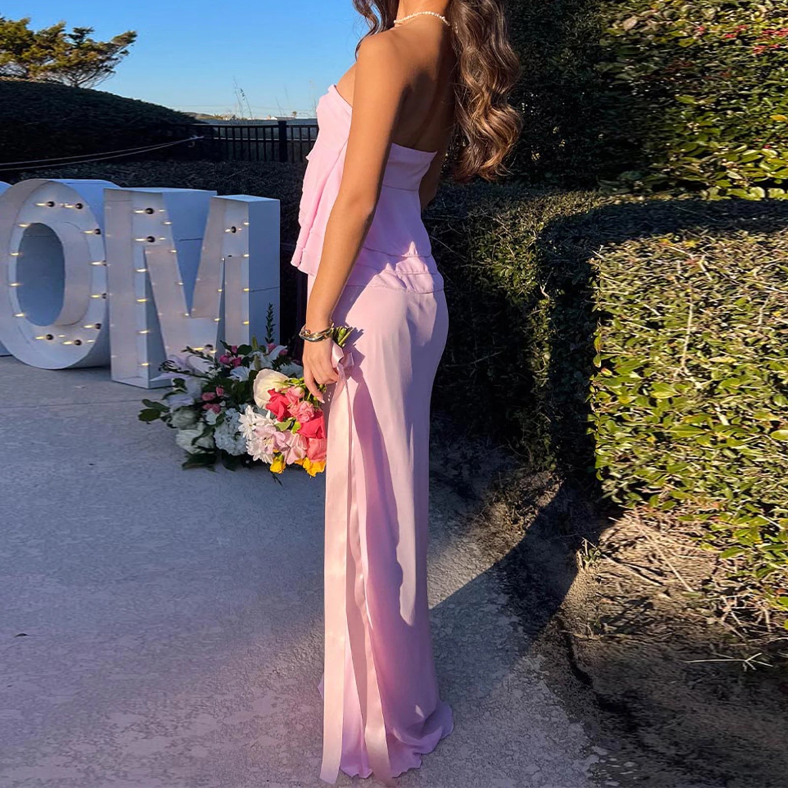 BXOXO Women's Summer 2 Piece Skirts Outfits Solid Color Ruffles Strapless Tube Tops High Waist Long Skirts Party Clothes Set