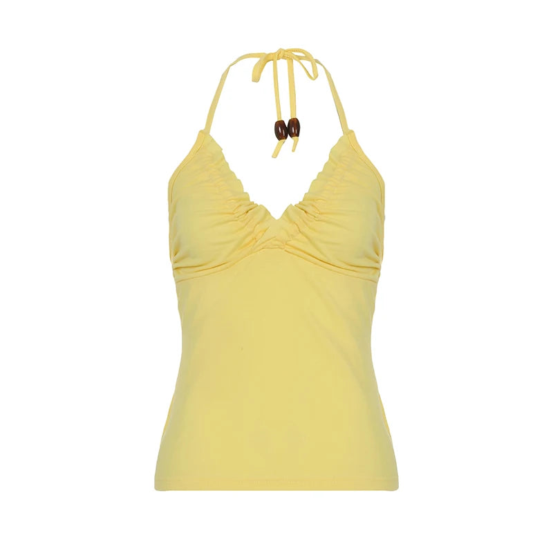 BXOXO Fashion Solid Edible Tree Fungus V-Neck Halter Tops  Simple Basic Retro Women Blouses Slim Fit