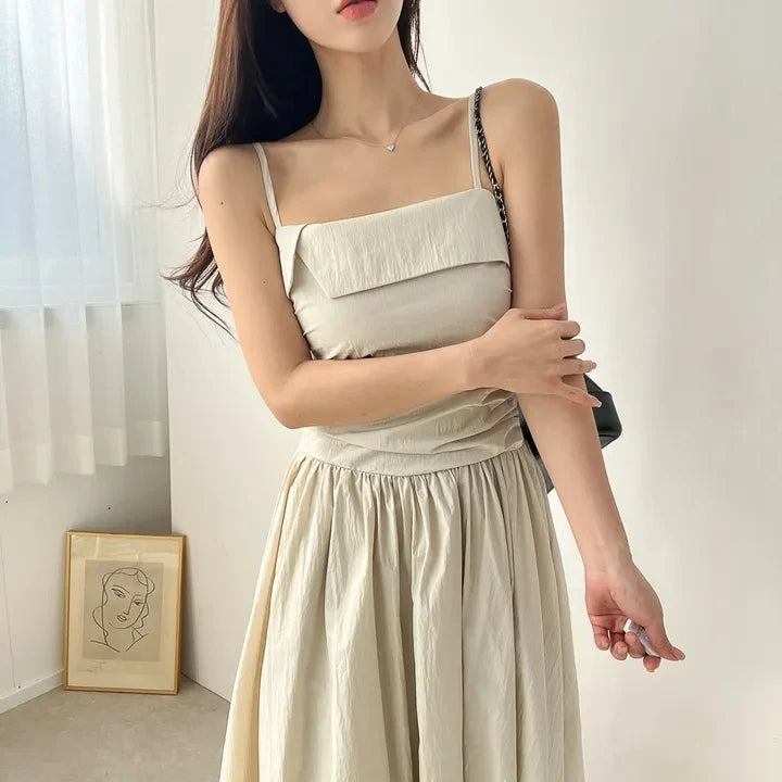 Bxoxo Summer Women's Gown Strapl High Waist Pleated A-Line Midi Dr Korean Sle Pure Desire Long Skirt Commute Faion