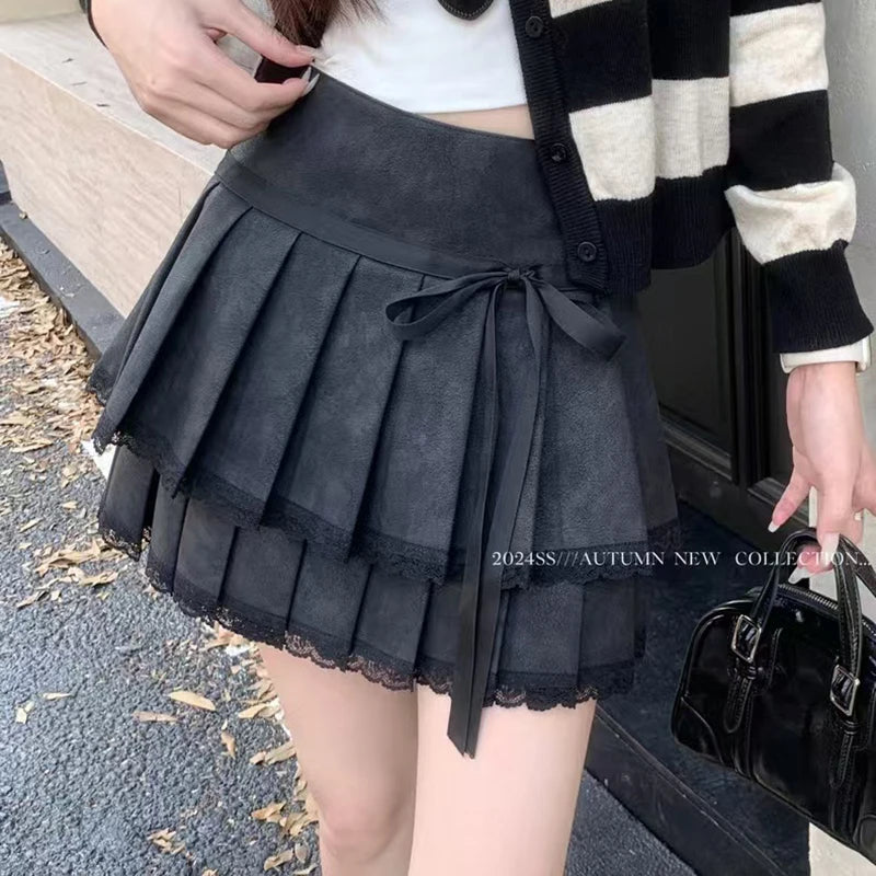Bxoxo Fashion Bow Pu Pleated Skirt for Women Korean High Waist Splicing Mini Skirts Y2K Female Harajuku All-Match Chic A-Line Skirts