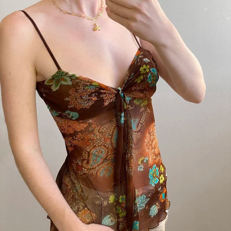BXOXO Retro Mesh Floral Print Camis Sexy See Through Sleeveless Crop Top y2k Vintage Ruffles Tee Summer Holiday Transparent Top