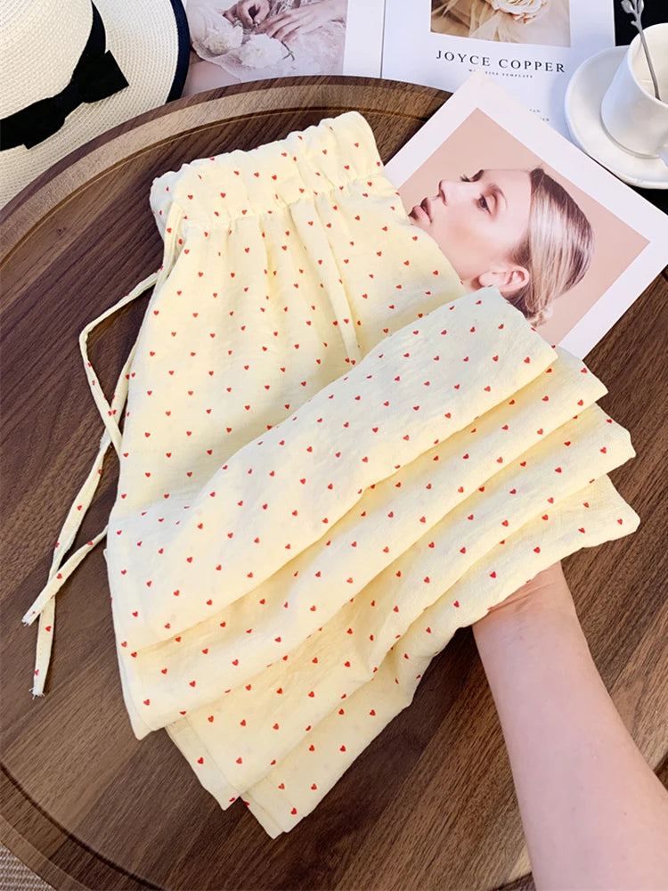 Bxoxo Sweet Love Print Wide Leg Pant Women Casual Cute Loose High Waist Trousers Korean Fashion Female Lace Up Elegant Pants New