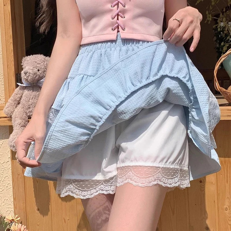 Bxoxo Japanese Sweet Lolita Cake Skirts Women Summer Lace Patchwork A Line Skirt Y2K Kawaii Ruffled Mini Skirts with Shorts Female