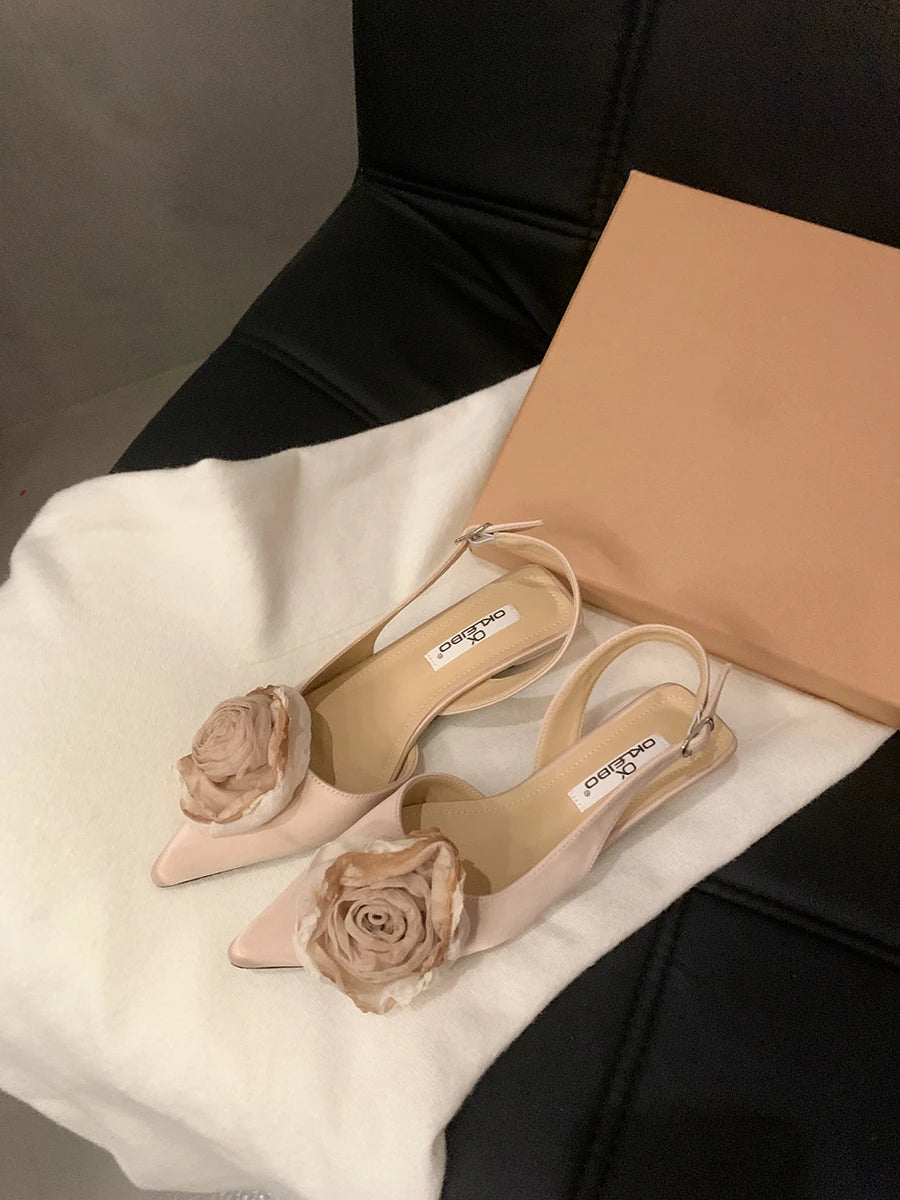 BXOXO New Flower Designer Sandals Women Elegant Satin Mule Shoes Summer Pointed Toe Pumps Low Heel Flowers Slingback Sandals Female