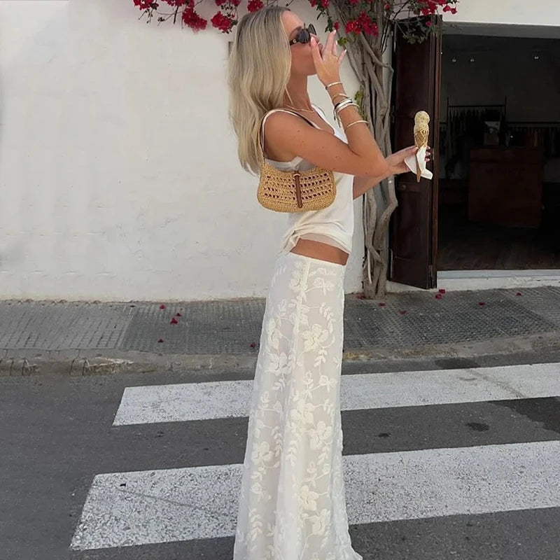 Bxoxo Elegant French A-Line Mesh Fashion Long Skirts Vintage High Waist Casual Y2K Spring Summer Evening Party New Maxi Skirt