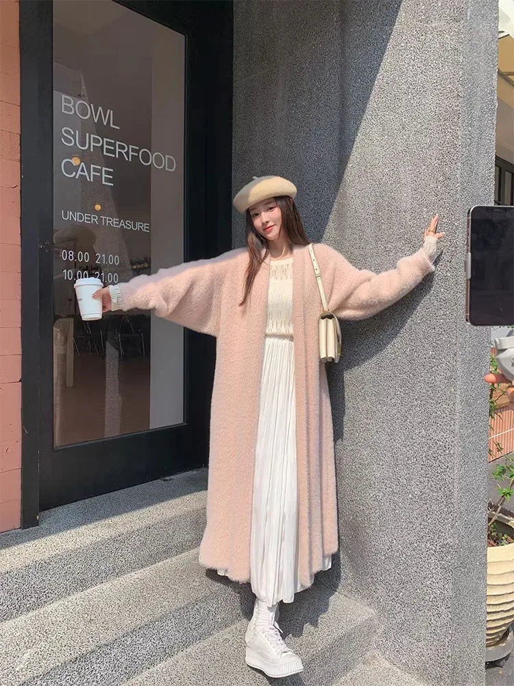 Bxoxo Women's Sweater Cardigan for Women Long Sleeve Knitwears Winter Clothing Imitation Mink Velvet Knitted Fluffy