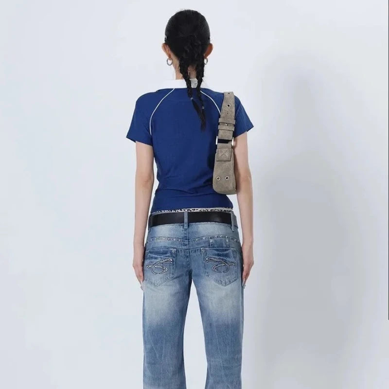 Bxoxo Vintage Letter Graphic Print V Neck Women T-Shirts Short Sleeve American Sporty Style Crop Tees Slim Streetwear Gyaru
