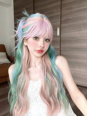 BXOXO 28Inch Iridescent Rainbow Color Multicolour Synthetic Wigs with Bang Long Natural Wavy Hair Wig for Women Cosplay Heat Resistant