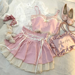 Pink Japanese Style Two -piece Set Elegant Women Sweet High Waist Bandage Mini Skirt Matching Suit Kawaii Lolita Camis Tops