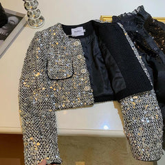 Bxoxo Elegant Sequins Tweed Women Jackets Spring New Long Sleeve Casual Female Coat Y2K Korean Chic All Match Dance Party Lady Outwear