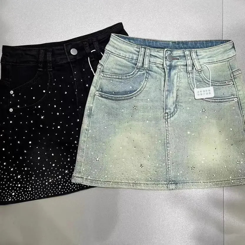 Bxoxo Starry Hot Rhinestone Denim Skirt for Women 2024 Summer New Retro Slimming a-Line Sheath Denim Skirt