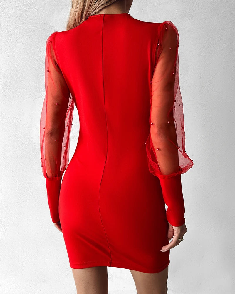 BXOXO Beaded Mesh Long Sleeve Dress V-Neck Ruched Mini Cocktail Party Dress