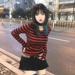 BXOXO Red Striped Pullovers Gothic Y2k Clothes Emo Girls Long Sleeve Asymmetrical Harajuku Slim Kawaii Retro Pull Femme Sweaters Chic