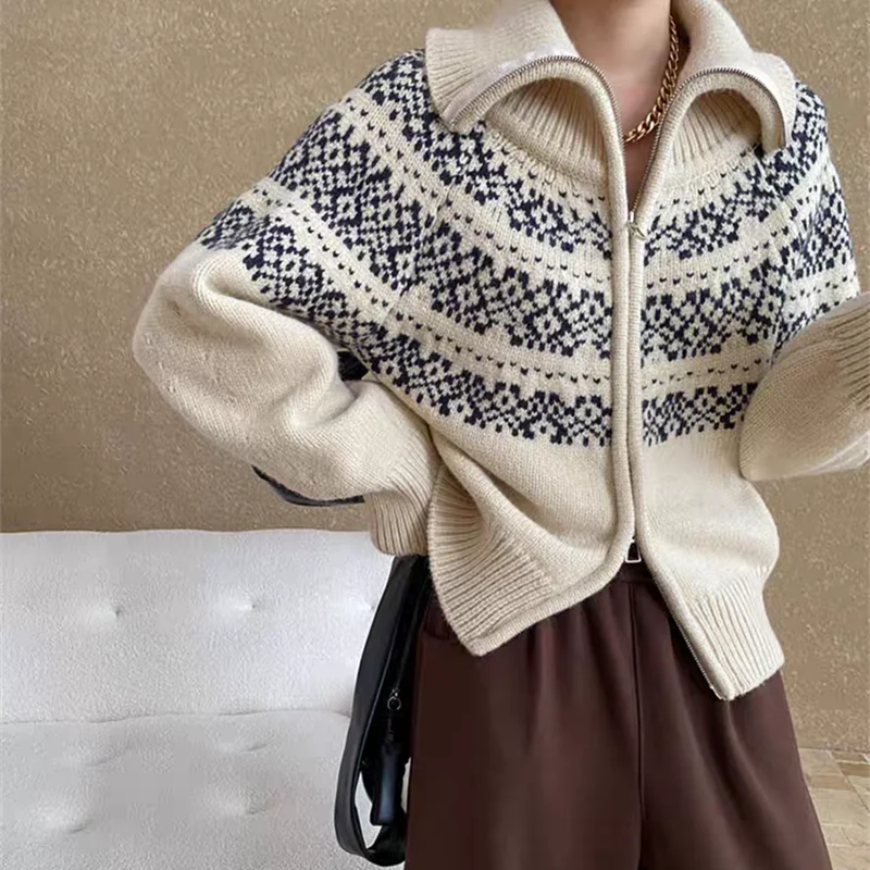 Bxoxo Women Fair Isle Sweater Zipper Front Collared Zip-up Sweater Knit Jacket Cozy Knitwear Teen-girl Fall Winter Vintage Outfit