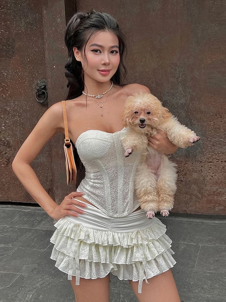 BXOXO Sweet Ruched Elegant 2 Piece Set Women Summer Trend Jacquard Strapless Tops+Tierred Skirts Sweet Girl Fashion Outfits