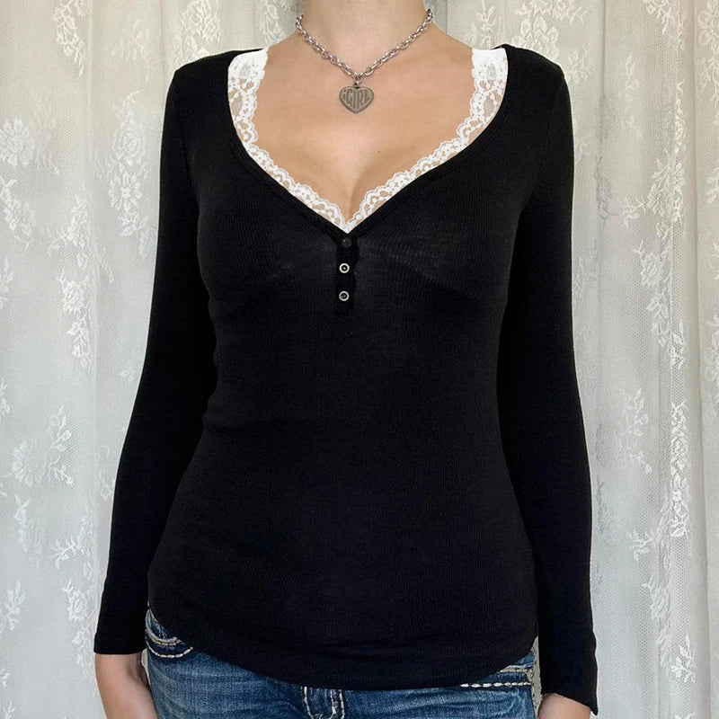 BXOXO Vintage Stitching Lace V-neck T-shirt Women Full Sleeve Skinny Basic Crop Top y2k Streetwear Casual Tees Shirts Aesthetic