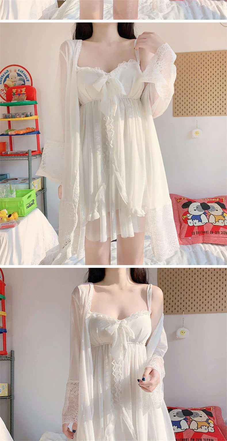 Bxoxo Elegant Sweet Simple Solid White Women Robe Gown Sets Chic Lace Bow Mesh  Sleepwear Breathable Slim Nightdress