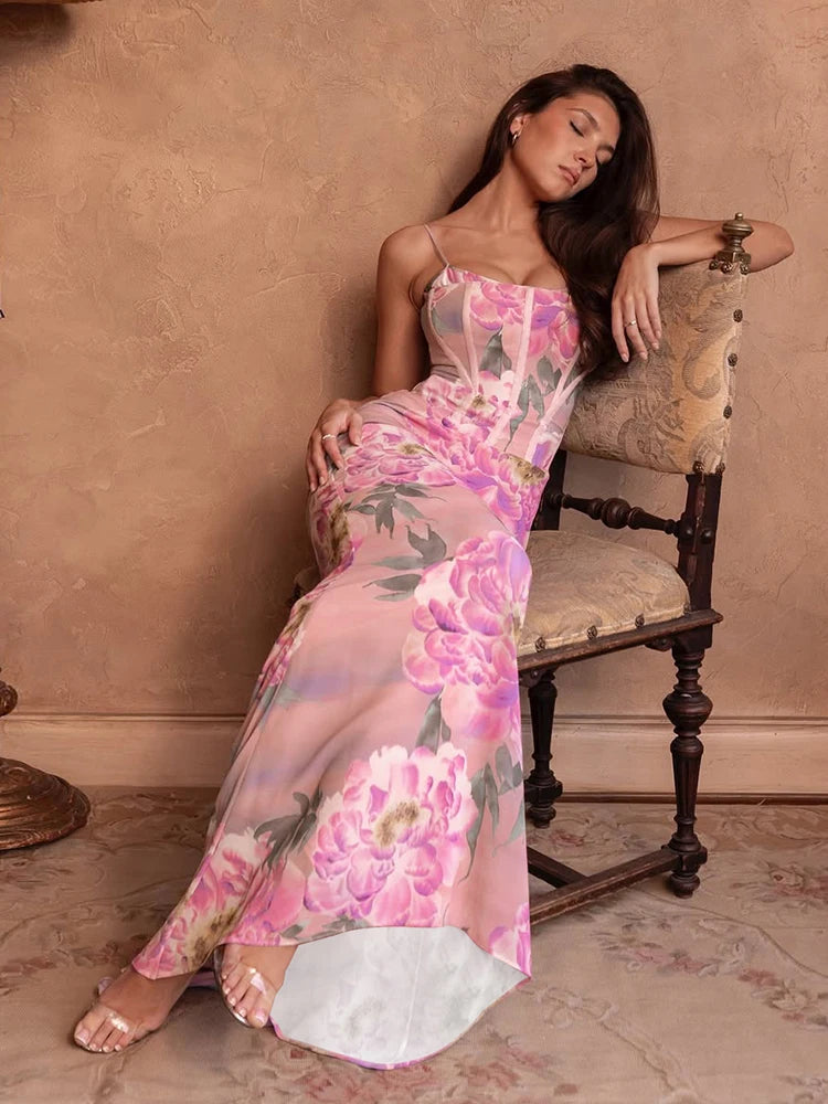 BXOXO Flower Print Dress Women Temperament Patchwork Spaghetti Strap Draped Backless Sleeveless Sexy Birthday Party Vestidos