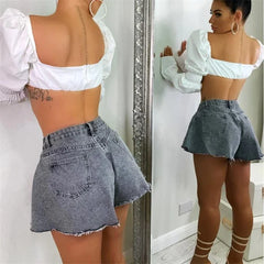 BXOXO Women Denim Shorts Summer Loose Style High Waist Streetwear Pantalones Cortos Solid Cutting Edge Flared Shorts Fashion Femme