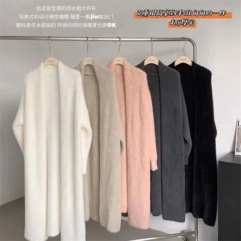 Bxoxo New Imitation Mink Coat Slimming Autumn And Winter Loose Fitting Long Sweater Thickened Lazy Knitted Cardigan Jacket White