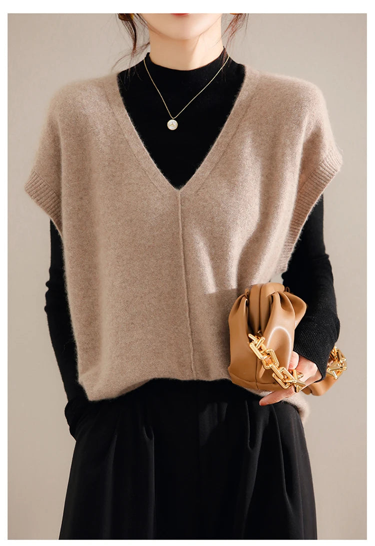 Bxoxo Cashmere Vest Ladies New 100%Pure Wool Knit Waistcoat Spring V-Neck Large Size Sweater Wild Sleeveless Vest Solid Loose Top