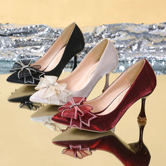 BXOXO Rhinestone Bowtie Pointed Toe Women's Pumps New Spring Satin Bridal Wedding Shoes Shallow Woman Pumps Stiletto Red