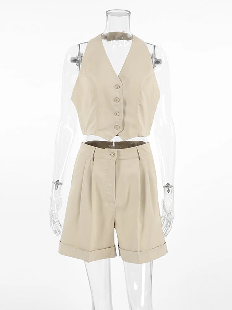 Bxoxo Spring Summer Women Office Shorts Suit Set Solid Khaki Sleeveless Halter Outfit 2 Piece Matching Sets For Women