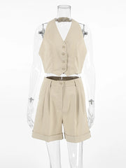 Bxoxo Spring Summer Women Office Shorts Suit Set Solid Khaki Sleeveless Halter Outfit 2 Piece Matching Sets For Women