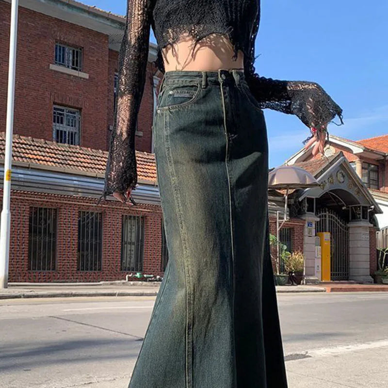BXOXO Mermaid Denim Skirts Autumn Winter Woman Sexy Bandage Floor-Length Skirt Women Vintage Fashion High Waist Skirts Ladies