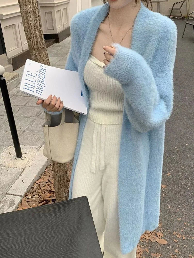 Bxoxo New Imitation Mink Coat Slimming Autumn And Winter Loose Fitting Long Sweater Thickened Lazy Knitted Cardigan Jacket White
