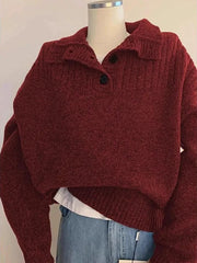 Bxoxo Red Knitted Sweater for Women Y2K Autumn Loose Lapel Thick Pullover Ladies Korean Vintage All Match Jumpers New