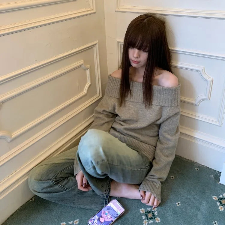 BXOXO Y2k Vintage Off Shoulder Knit Sweater Women Autumn Korean Fashion Aesthetic Harajuku Jumper Gyaru Sexy Pullover Loose