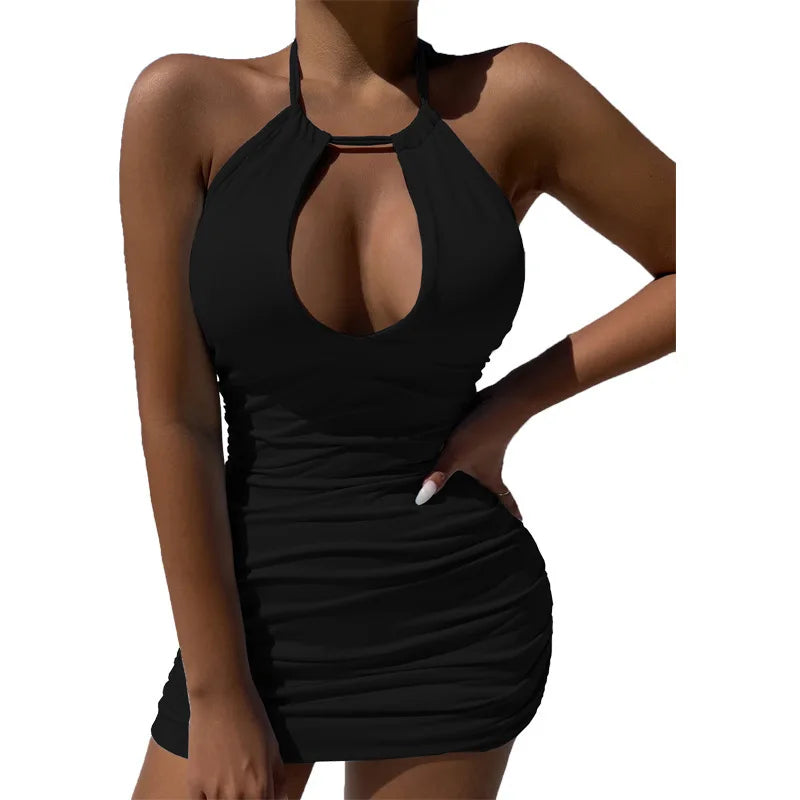BXOXO Y2K Summer new lace up Halter backless dress European and American sexy hollow pleated Hip Wrap Skirt