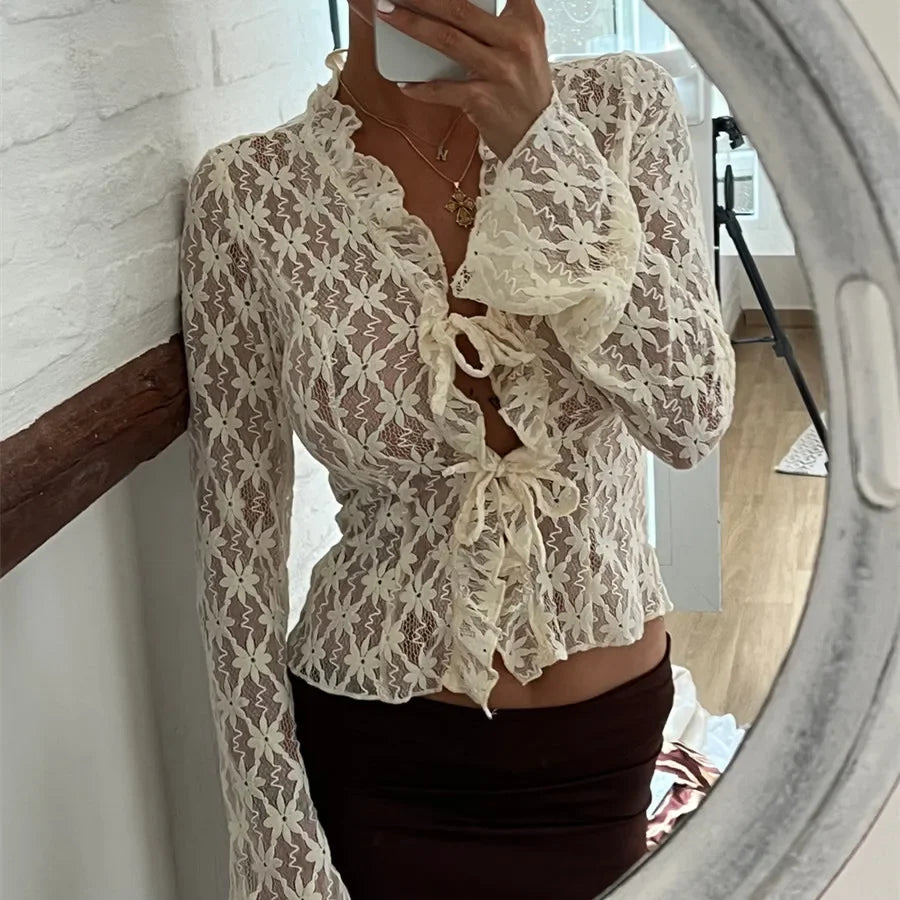 BXOXO Women's Summer Lace Floral Tops Sexy Y2k See Through Flare Long Sleeve Tie Front Sheer Slim Crop Cardigan Clubwear