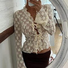 BXOXO Women's Summer Lace Floral Tops Sexy Y2k See Through Flare Long Sleeve Tie Front Sheer Slim Crop Cardigan Clubwear