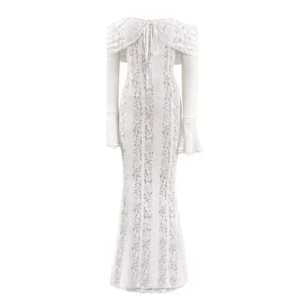 BXOXO  White Off The Shoulder Bodycon Dress New in Flare Sleeve Elegant Lace Maxi Dress Wedding Guest Dress for Women