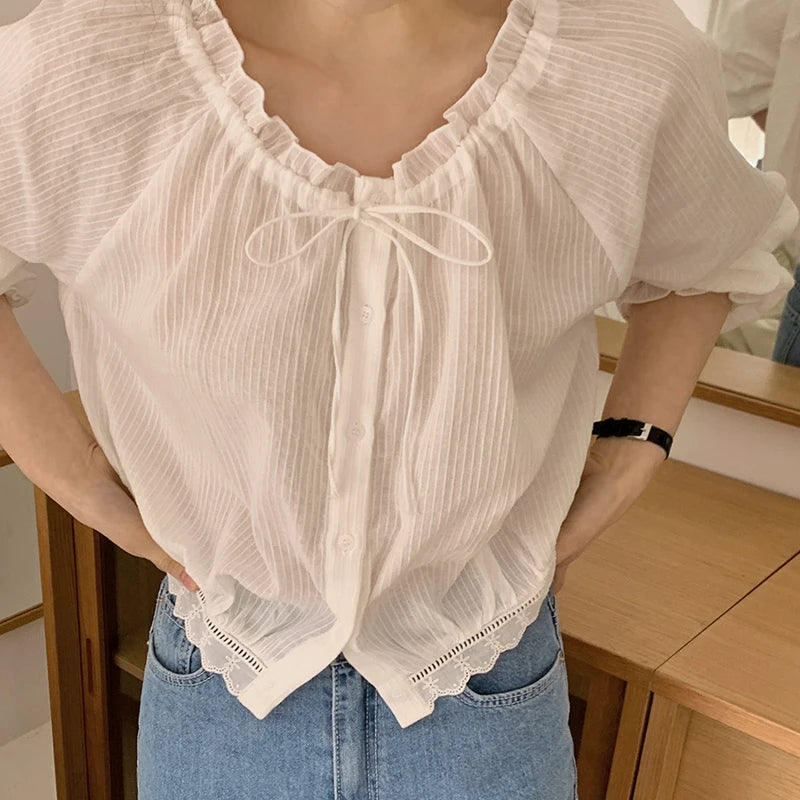 Bxoxo Chic Lace irt Women's ort Korean Sle oulder Insert Sves White Slimming Top V-Ne Long Sve Commute Faion